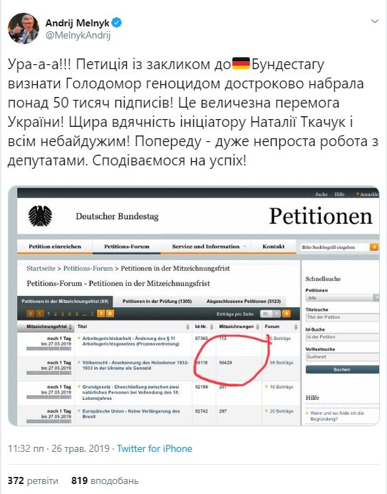 Петиція про Голодомор на сайті бундестагу набрала необхідну кількість голосів